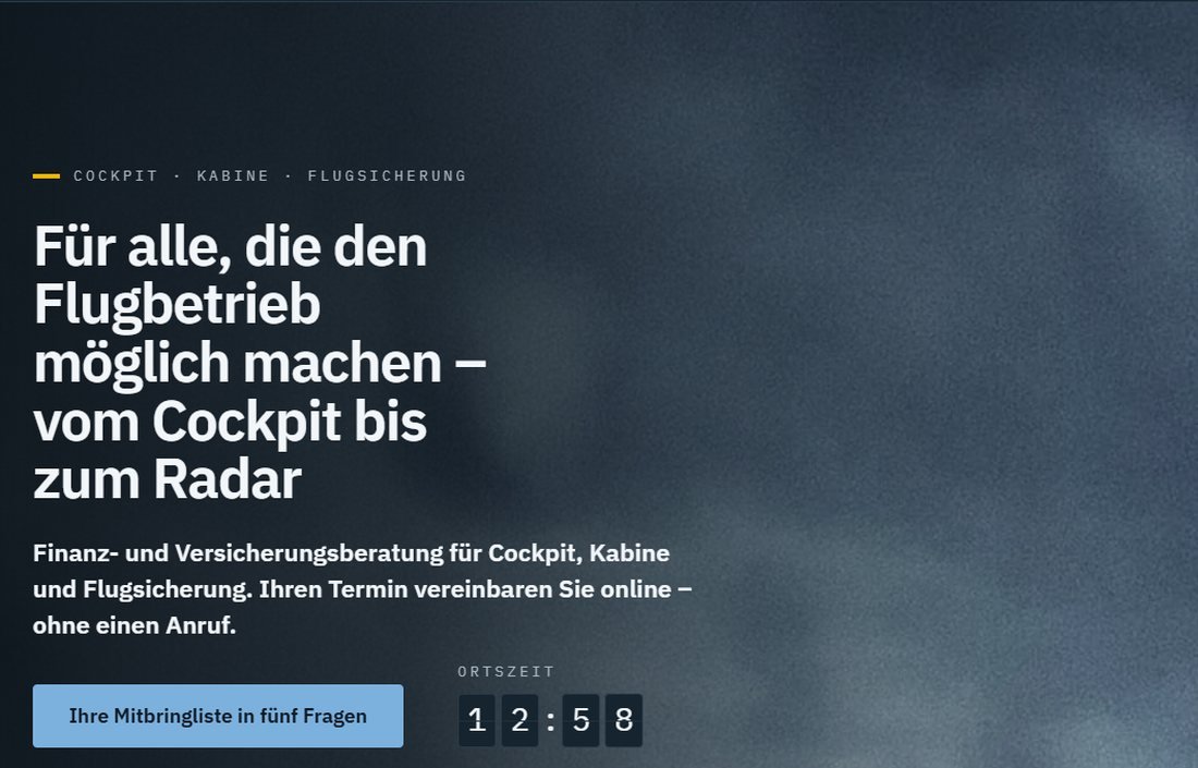 Startbildschirm von Flugdeck Finanz: die Zeile
                   &bdquo;Cockpit &middot; Kabine &middot; Flugsicherung&ldquo; steht &uuml;ber
                   der &Uuml;berschrift.